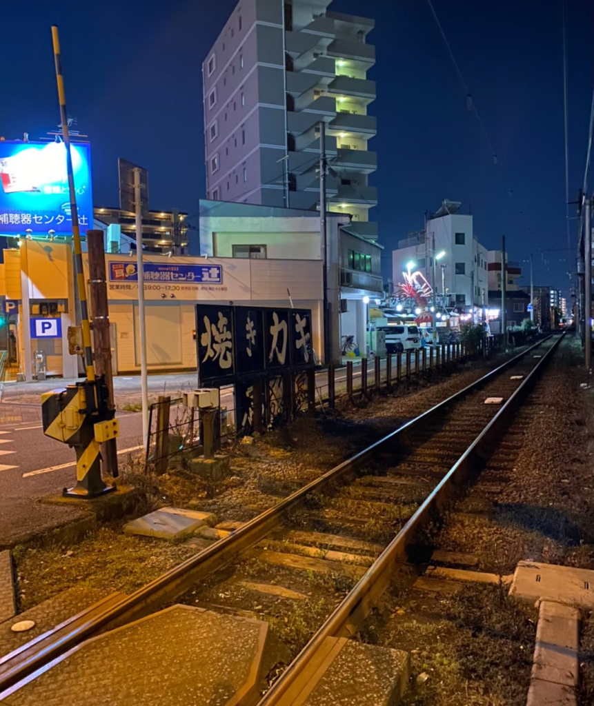 網元に向かう線路沿いの道